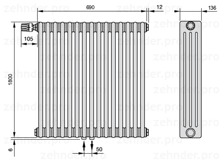 Схема (чертеж) Радиатор Zehnder Charleston 4180/15 №V007 Белый глянцевый RAL 9016
